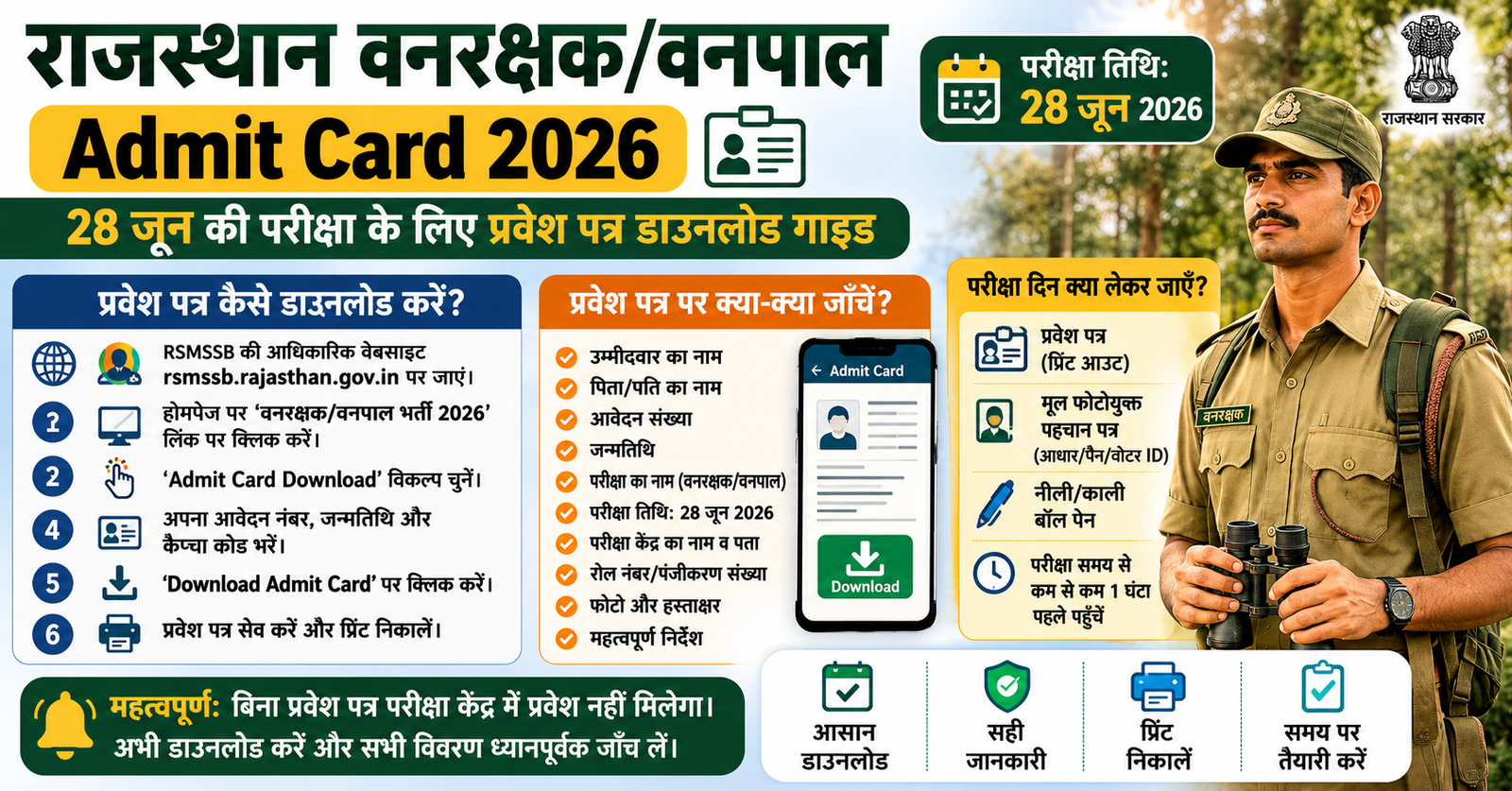 राजस्थान वनरक्षक/वनपाल Admit Card 2026: 28 जून की परीक्षा से पहले ऐसे डाउनलोड करें प्रवेश पत्र — पूरी जानकारी